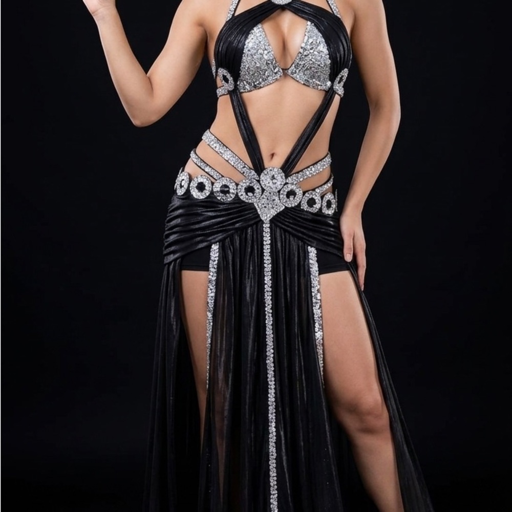Belly Dance Black Silver Dress, Gala Couture luxury evening gown